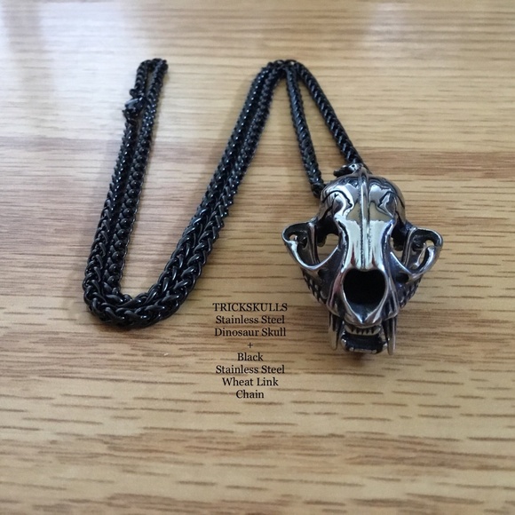 Sabre-Toothed Tiger Smilodon Big Cat Dinosaur Skull Stainless Pendant & Chain - Picture 4 of 15